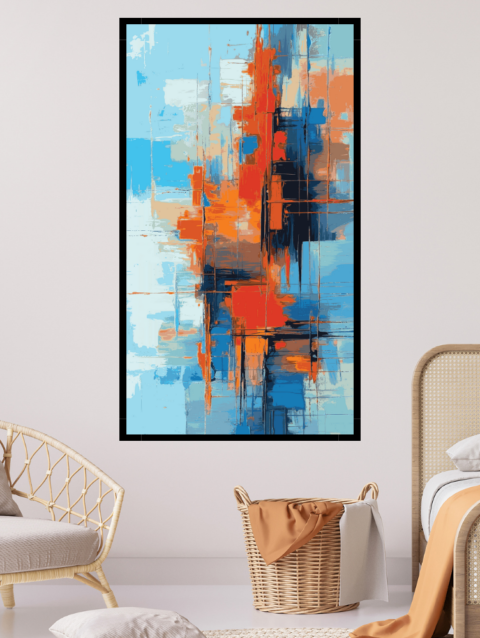 Tableau abstrait moderne bleu et orange vertical pour salon